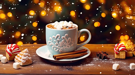 Ð¡up of hot chocolate with marshmallows on a rustic wooden table, cozy Christmas atmosphere, ai generated artの素材