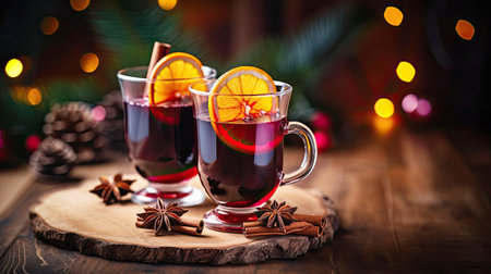 Glasses with Hot mulled wine on a wooden table surrounded by New Year decorations, cozy Christmas atmosphere, ai generated artの素材