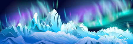 Landscape with Northern lights and snowy mountainsのイラスト素材