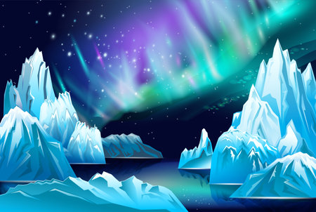 Landscape with Northern lights and snowy mountainsのイラスト素材