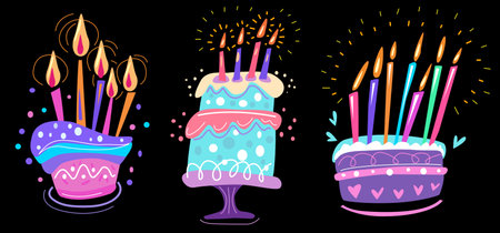 Set of Cartoon holiday party Birthday cakes in a fun hand drawn style, Elements for postcards and stickersのイラスト素材