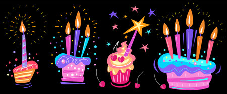 Set of Cartoon holiday party Birthday cakes in a fun hand drawn style, Elements for postcards and stickersのイラスト素材