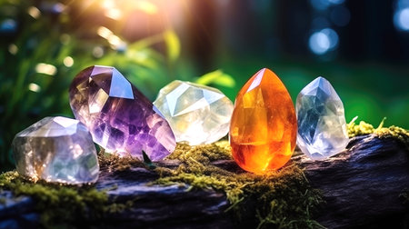 Precious stones in the forest in the rays of the sun, Magic still life for esoteric crystal ritual, witchcraft, spiritual practice, Meditation, reiki,の素材