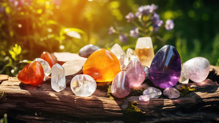 Precious stones in the forest in the rays of the sun, Magic still life for esoteric crystal ritual, witchcraft, spiritual practice, Meditation, reiki,の素材