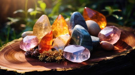 Precious stones in the forest in the rays of the sun, Magic still life for esoteric crystal ritual, witchcraft, spiritual practice, Meditation, reiki, Concept backgroundの素材