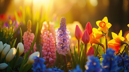Spring flowers in sunny day in nature, Hyacinths, Crocus, Daffodils, tulips, Colorful natural spring backgroundの素材