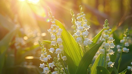 Spring flowers in sunny day in nature, Lily of the valley, Colorful natural spring backgroundの素材
