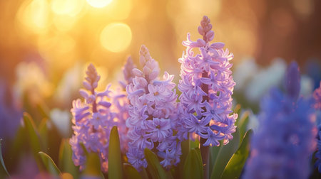 Spring flowers in sunny day in nature, blooming Hyacinth, Colorful natural spring backgroundの素材