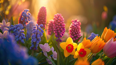 Spring flowers in sunny day in nature, Hyacinths, Crocuses, Daffodils, tulips,,Colorful natural spring background,の素材