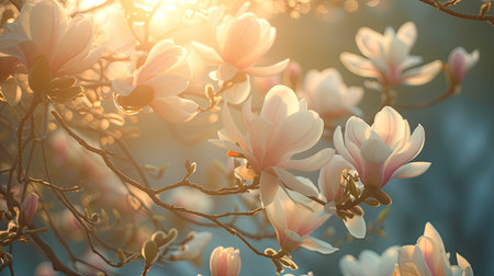 Spring flowers in sunny day in nature, blooming Magnolia, Colorful natural spring backgroundの素材
