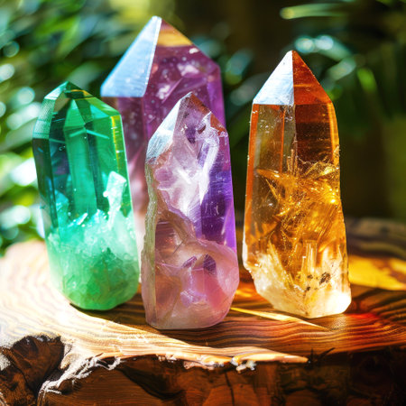 Precious stones in the forest in the rays of the sun, Magic still life for esoteric crystal ritualの素材