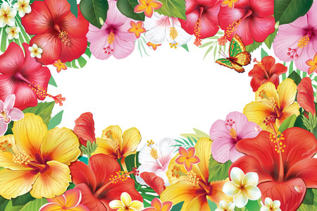 Frame and Wreath from Hibiscus Flowers and Tropical Leafのイラスト素材