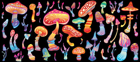 Magic neon mushrooms of various shape, hand drawn illustrationのイラスト素材