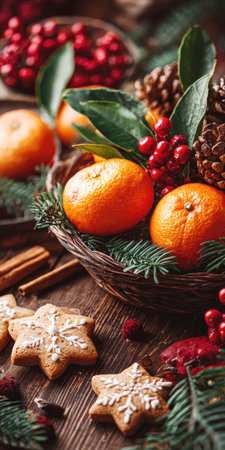 Christmas Scene with Mandarins and Cookies on the table with Christmas Decorationsの写真素材