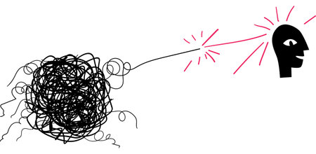 Mental clarity and breakthrough concept illustration with chaotic thoughts disconnecting from human head. Hand drawn line art symbol of awareness, inner freedom and release from mental burden.のイラスト素材