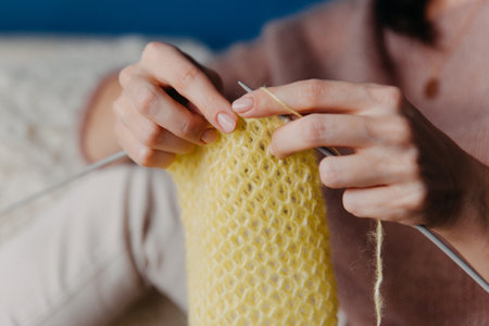 Hobby knitting and needlework for mental health.Knitted background, eco friendly knitting.