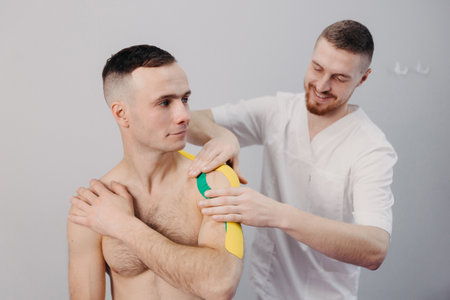 physiotherapist taping injured patient shoulder with tape after muscle injuryの写真素材