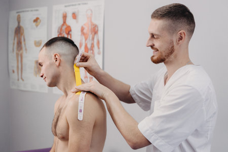 physiotherapist taping injured patient shoulder with tape after muscle injuryの写真素材