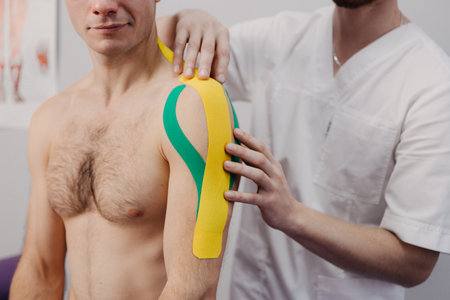physiotherapist taping injured patient shoulder with tape after muscle injuryの写真素材