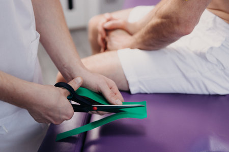 Using scissors to cut the product. Professional physiotherapist is standing indoors with kinesio tape.の写真素材