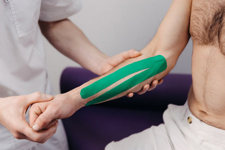 physiotherapist putting kinesiology tape on patients forearmの写真素材