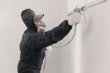 Male painters in protective suit is painting wall on stepladder with spray gun. high quality photoの写真素材