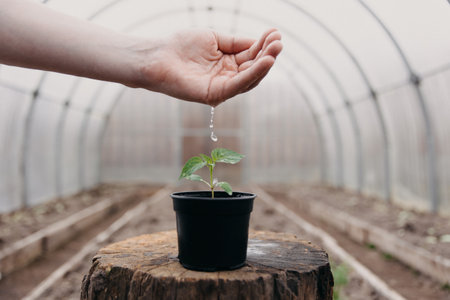 Hand watering plant that grow on good quality soil in greenhouse, plant care, and tree growing ideas. high quality photoの写真素材
