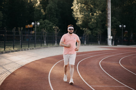 Caucasian man running in the urban city with copy space. Fitness, workout, sport, lifestyle concept.