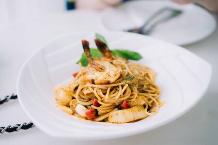 Spaghetti tomatoes sauce with shrimpの写真素材