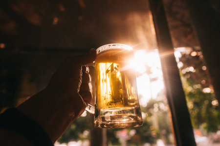 Hand holding beer, natural lighting sun set time, indoorの写真素材