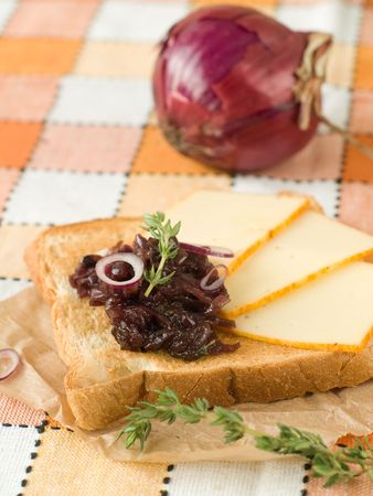 Bread with cheese and onions candy. On a back background red onionの写真素材