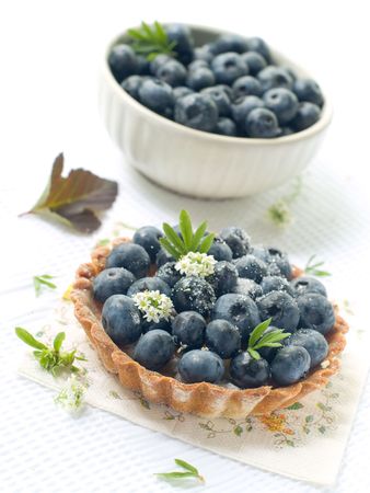 A fresh blueberry tart on a napkin and bowl of blueberries in backgroundの写真素材