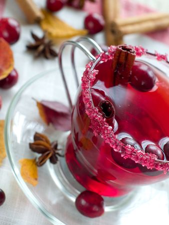 Hot drink with cranberries and cinnamonの写真素材