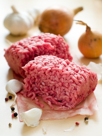 Minced meat in butcher paper with onion and garlicの写真素材