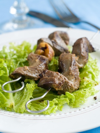Grilled liver kebab with onion and lettuceの写真素材