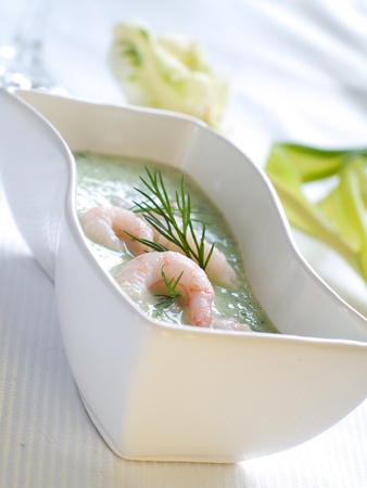 Green spinach soup with shrimp and dillの写真素材