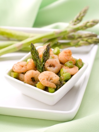 Appetizer with baked shrimp and asparagus. Selective focus, shallow depthの写真素材