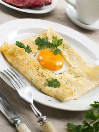 Pancake with egg and bacon, selective focusの写真素材