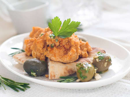 Hummus with pita and olive, selective focusの写真素材