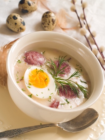 Polish traditional easter soup with egg, selectide focusの写真素材