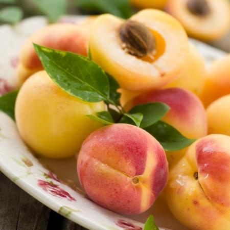 Fresh  apricots on plate, selective focusの写真素材