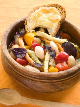 Bowl of soup with bean and pasta, selective focusの写真素材