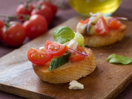 Bruschetta with juicy vegetables, selective focusの写真素材
