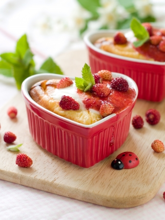 Cottage cheese souffle in baking form, selective focusの写真素材