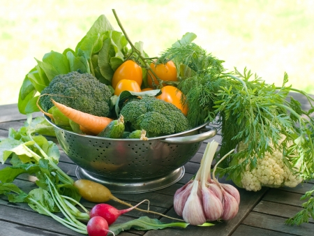Fresh different vegetables in bowl on natural background , selective focusの写真素材