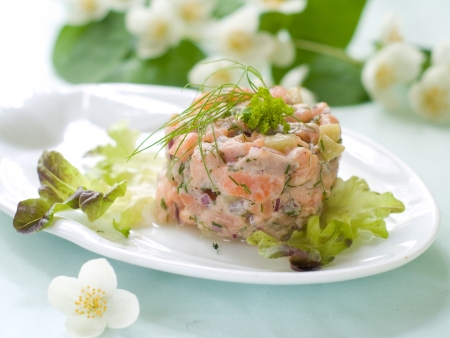 Salmon tartare with dill, selective focusの写真素材