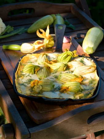 Frittata with zucchini flower, selective focusの写真素材
