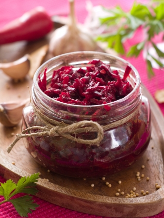Preserved beet in glass jar, selective focusの写真素材