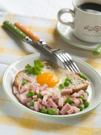 Toasted bread with egg and ham, selective focusの写真素材
