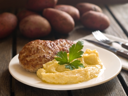 Mashed potato with meat balls, selective focusの写真素材